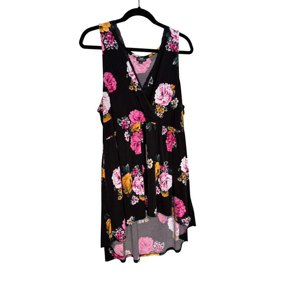 Torrid Black Floral Studio Jersey Knit Babydoll Top